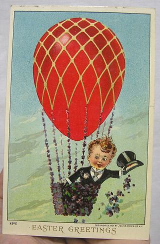 Vintage Antique Easter Postcard Man In Hot Air Balloon Julius Bien 1907