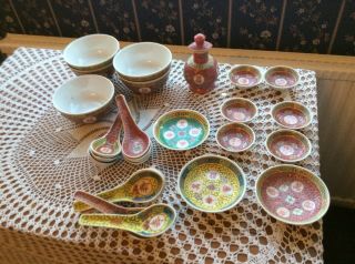 Vintage Chinese Mun Shou Famille Rose Rice Bowls,  Tea Bowls And Spoons