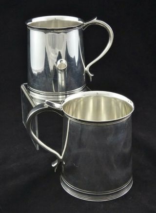 Pair Heavy Matching Art Deco Tankards Chargers Silver Plated Sheffield 1 Pint