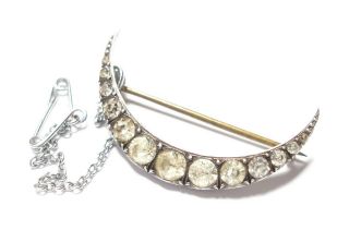 Antique Edwardian Silver And Paste Stone Crescent Shaped Brooch