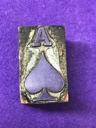 Ace Of Spades Antique Letterpress Printer Block Engraved Metal On Wood