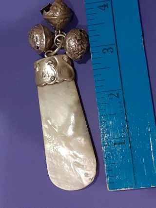 Antique 1895 Victorian Sterling Silver Mother Of Pearl Baby Teething Rattle