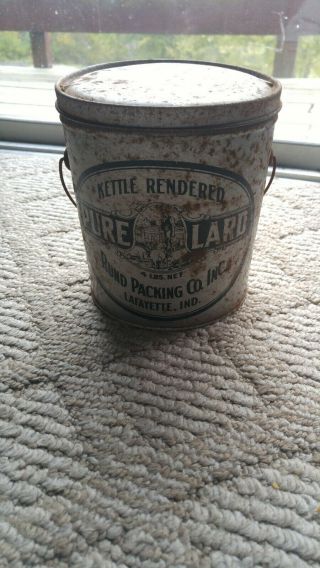 6 " 4lb Vintage Kettle Rendered Pure Lard Can W/lid Rund Packing Co.  Rare