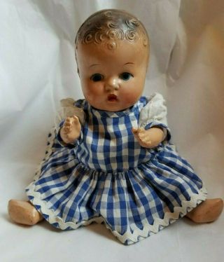 Vintage Composition Baby Doll In Blue Gingham Checked Outfit 10in.