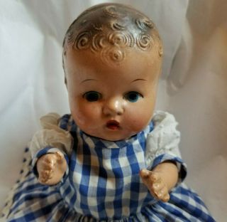 Vintage Composition Baby Doll in Blue Gingham Checked Outfit 10in. 2