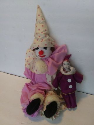 Vintage Handmade Cloth Clown Doll With Brown Yarn Hair With Bonus Clown