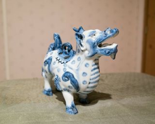 Antique Chinese Blue White Porcelain Qilin Kirin Censer Incense Burner 5.  5 " 14cm