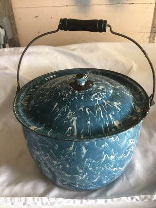 Antique Blue And White Swirl Granite Ware Pot With Lid