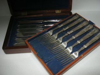 Antique Silver Plated Fish Knifes & Forks Kings Pattern Boxed C1850