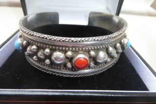 Solid Silver Tunisian Cuff Bracelet Turquoise And Carnelian Stone