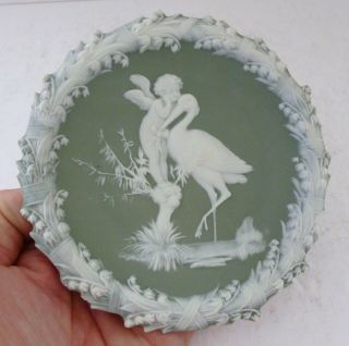 Antique German Jasperware Porcelain Cherub Stork Heron Wall Plaque Plate 2938