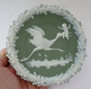 Antique German Jasperware Porcelain Cherub Stork Heron Wall Plaque Plate 2940