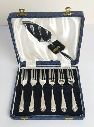 Vintage Epns Silver Plate Serving Slice 6 Cake Forks & Blue Case Box Cutlery Set
