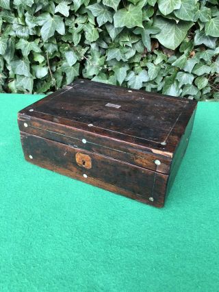 Antique Wooden & Mother Of Pearl Inlay Tea Caddy Box For Restoration 12” X 9”