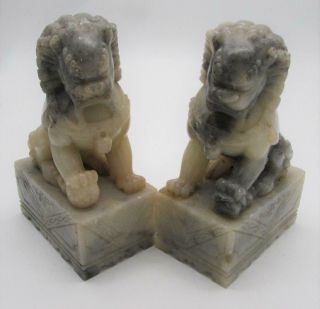 Antique / Vintage Chinese Hand Carved Soapstone Foo Dog Lion Figures