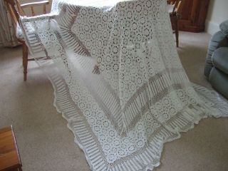 Antique French Hand Crocheted Bedspread/throw/tablecover.  220cm X 230cm
