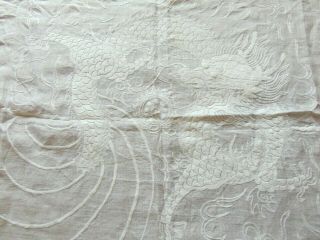 Vintage Hand Embroidered White Linen Tablecloth With Dragon 125cm