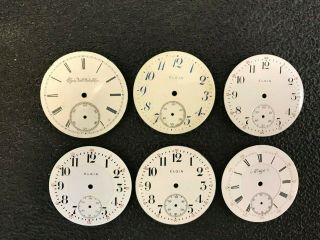 Six Antique Mostly Usable Pocket Watch Dials.  Elgin 16 Size,  All Have Feet