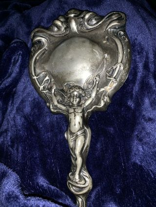 Art Nouveau Hand Mirror Silver Plate Cupid And Arrow