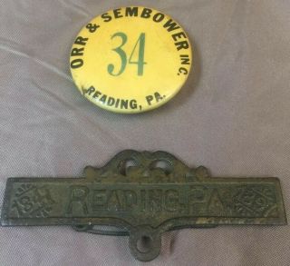 Antique Metal Nameplate Pin Advertising Sign Orr Sembower Iron Maker Reading Pa