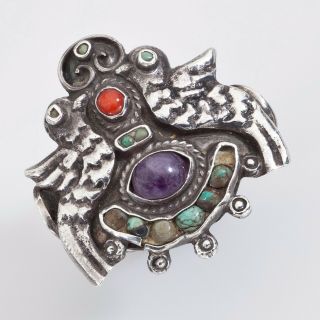 Rare Matl Matilde Poulat Mexico Sterling Ring Birds Coral Turquoise Amethyst