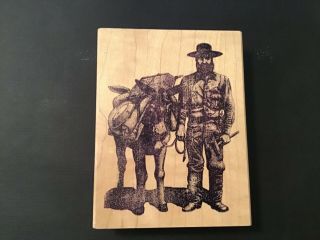 Miner With Donkey,  Pack And Pick,  Wood Mounted Rubber Stamp.  Rare