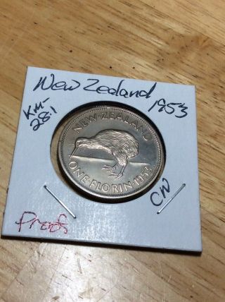 1953 Zealand Proof Florin.  Rare Coin Only 7,  000 Minted Toned Pretty Coin