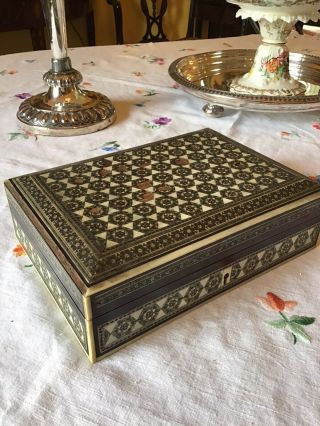 Antique Anglo Indian Raj Era Mosaic Sandalwood Inlaid Sadeliware Vizagapatam Box