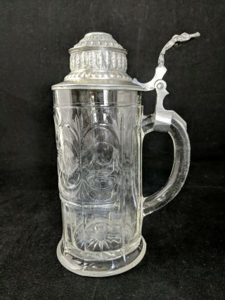 Antique Pressed Glass Crown Mark German Beer Stein With Pewter Lid,  C.  1800s
