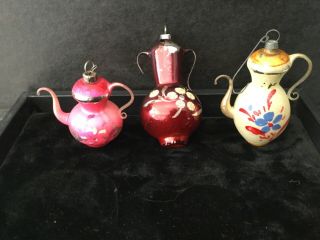 Three Antique Teapot Hand Painted Blown Mercury Glass Christmas Ornaments