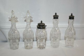 Antique Victorian Cut Etched Clear Glass Matching Set 5 Cruet Bottles Ground Top