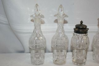 Antique Victorian Cut Etched Clear Glass Matching Set 5 Cruet Bottles Ground Top 3