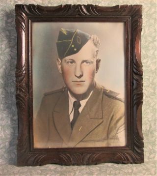 Antique French Wood Picture Frame 49x39 Signed Hand Colour Soldier Photo 19 " X15 "