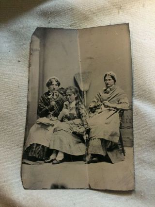Antique Tin Type Photo Women With Broom And Child With Doll