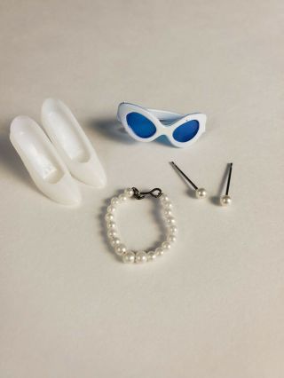 Vintage Barbie Cats Eye Sunglasses,  Pearl Necklace & Earrings And High Heels