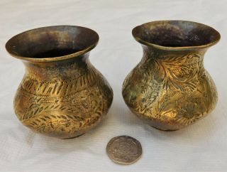 2 Vintage Indian Brass Ware Pots Hanuman Hindu Monkey God 2.  5 " Etched Vases