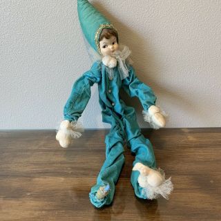 Vintage 24” Long Aqua Blue White Elf Point Hat Fabric Lace Long Hand & Leg Doll