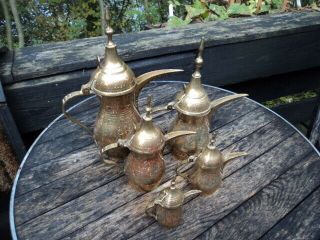 Scarce,  Vintage,  Graduated Set Of 5 Middle - Eastern,  Brass,  Dallah,  Coffee Pots.