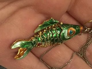 Vintage Chinese Blue & Gold Cloisonne Enamel Articulated Fish Pendant Necklace