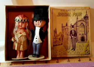 Antique Kewpie Celluloid Wedding Cake Toppers 4 " Bride & Groom With Box