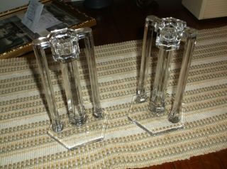 Antique Pair Art Deco Clear Glass Candlesticks 6 1/4 "