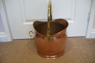 Vintage Copper Coal Scuttle / Log Bucket With Brass Handles.