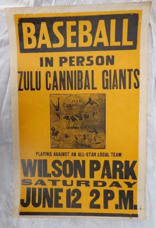 Rare Baseball Negro League Zulu Cannibal Giants Broadside