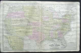 1852 Hand - Colored Mitchell Map United States And Gold Region Of California