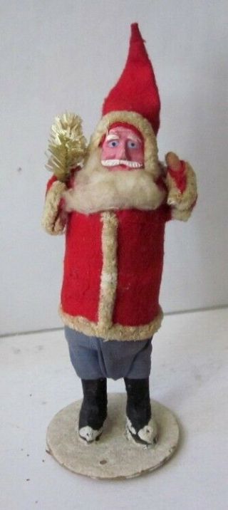 Vintage Antique 7 " Santa Claus Figure Bisque Face & Boots Felt Outfit W Tree