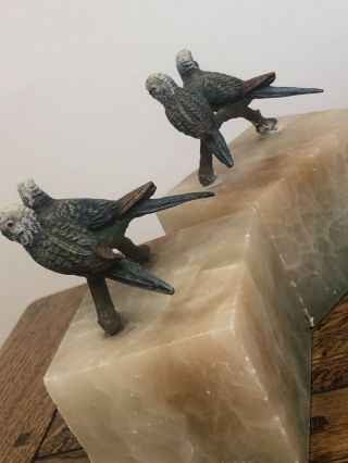 Pair Vintage Marble Bronze Metal Birds Budgie Cold Painted Ornaments