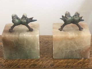 Pair Vintage Marble Bronze Metal Birds Budgie Cold Painted Ornaments 2