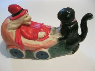Rare Vtg Halloween Celluloid Viscloid Witch In Carriage With Black Cat Rattle