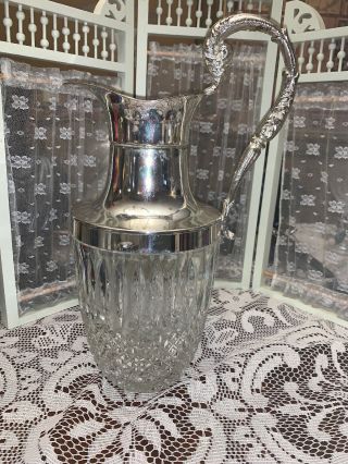 Deco Silverplate Cut Glass Claret Wine Ice Water Pitcher Jug Bar Party 1970’s