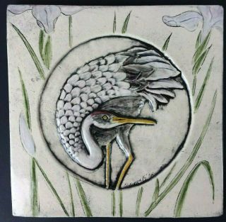 Vtg Ceramic Art Tile Crane Bird Relief Earth Song Shannon Gresham 5.  5x5.  5